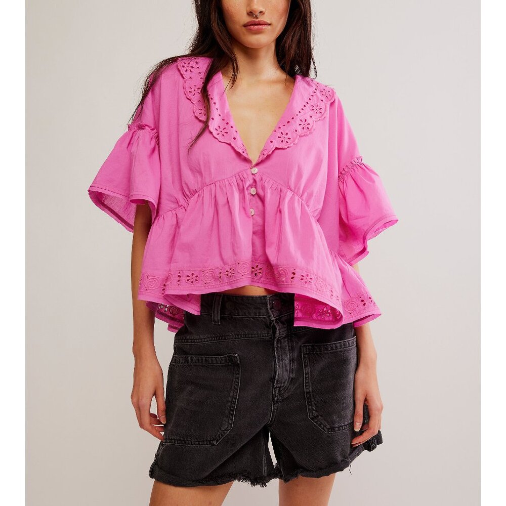 Free People Fuchsia Ruffle Blouse